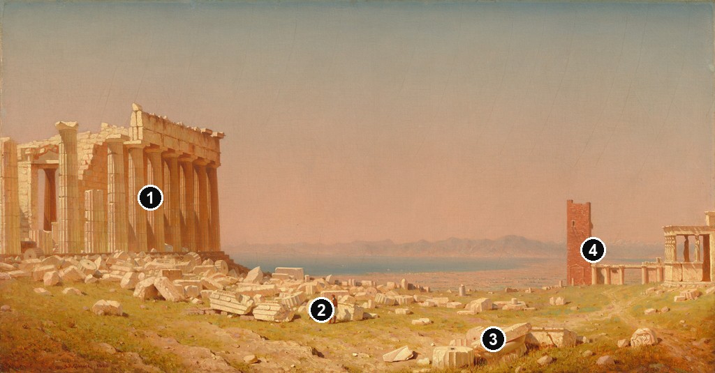 Annotated details from Ruins of the Parthenon by Sanford Robinson Gifford